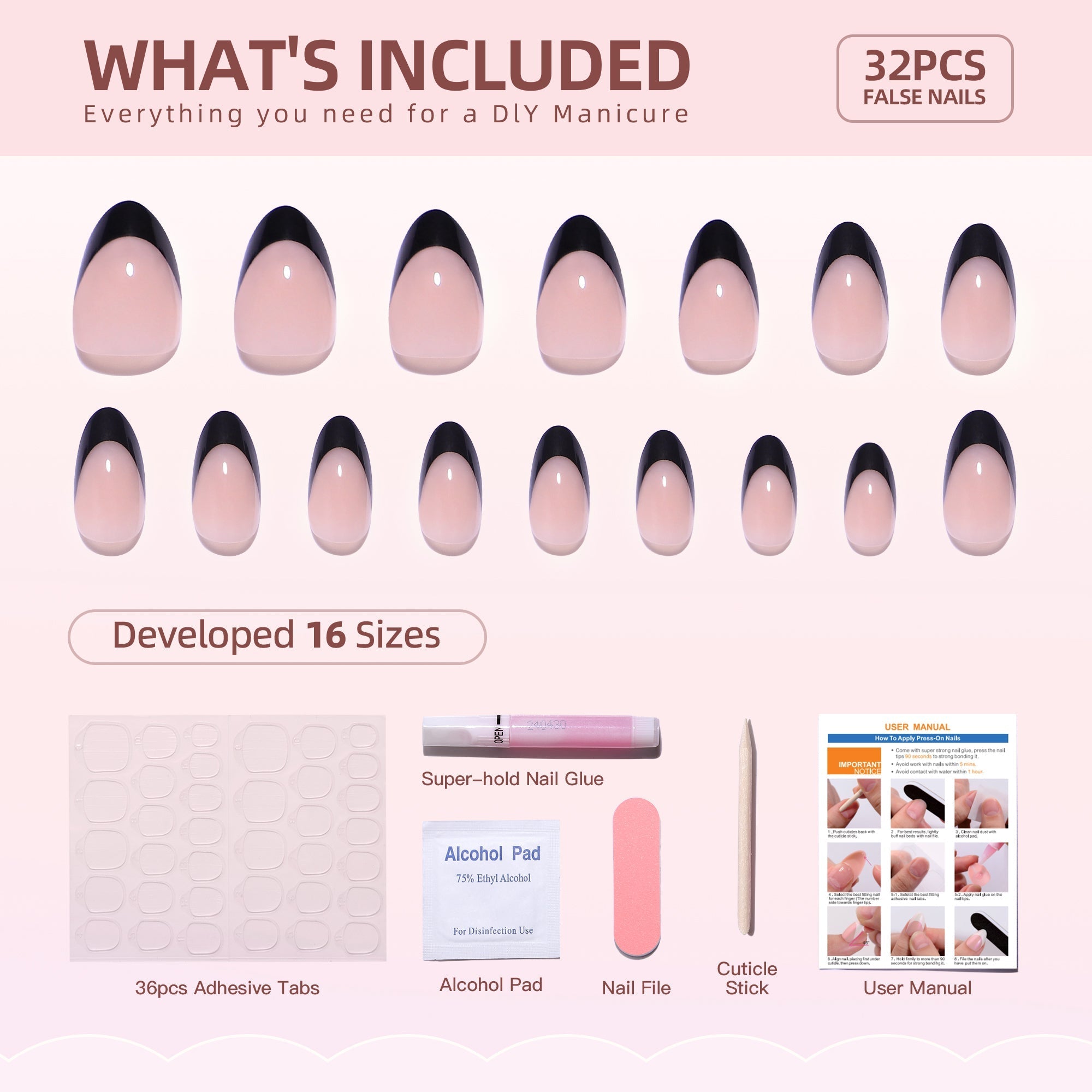 Gel Press On Nails 16 Sizes-32 Pcs Kit XNFS170