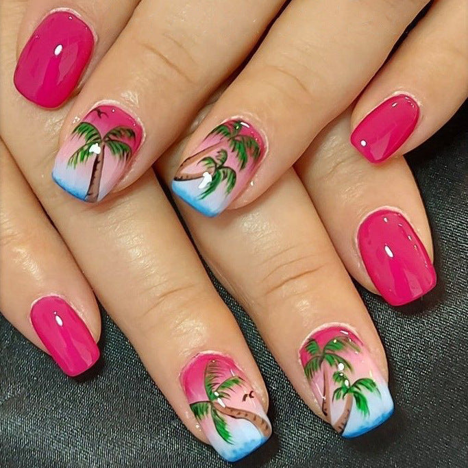 Bright hot pink square tropical palm tree gradient manicure, DIY replicable using manicure tool kits, glossy beach vacation nail art close-up