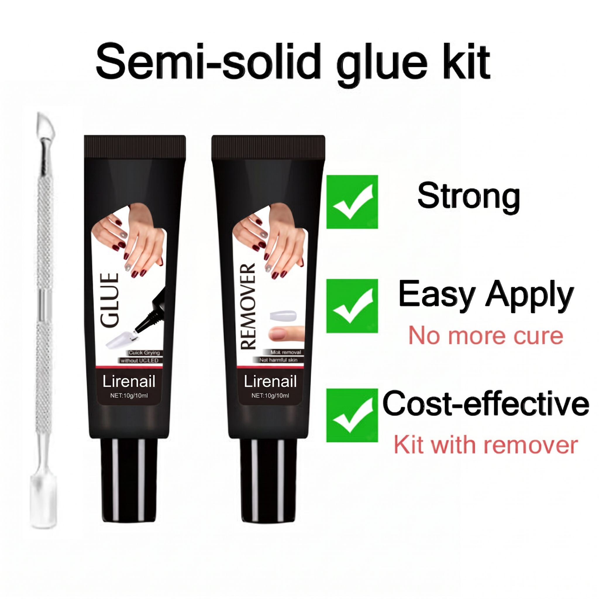 Semi-solid glue New Upgrade Super Strong Quick drying with remover kit for nails