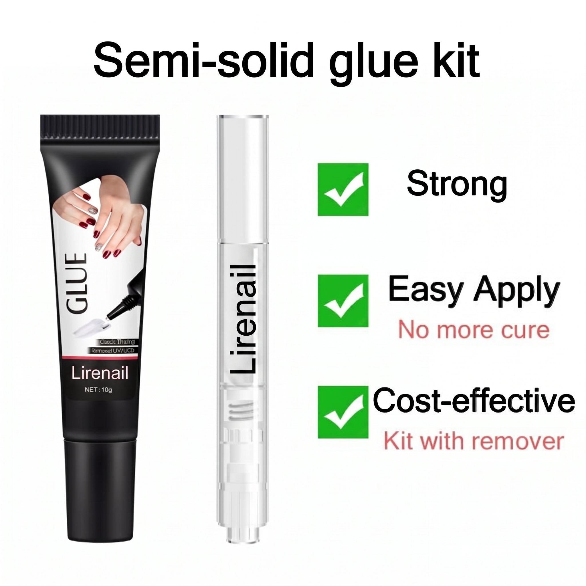 Semi-solid glue New Upgrade Super Strong Quick drying with remover kit for nails