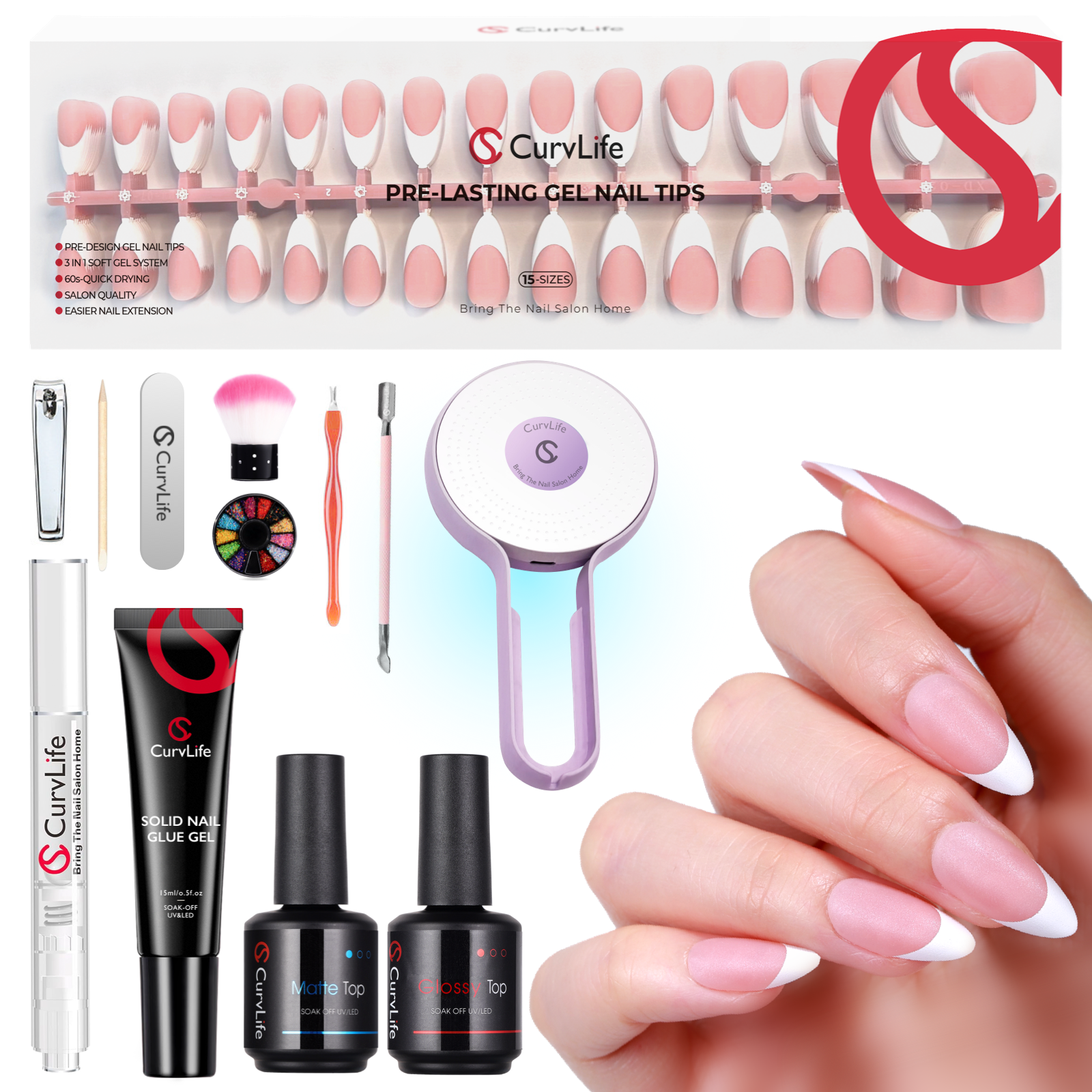 French Tip Kit -  Gel Top and Base Coat. UV Lamp Nails Glue Manicure press on nails