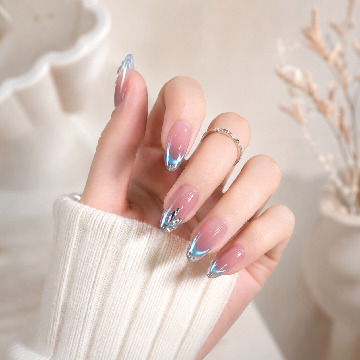 Blue Aura French long almond press-on nails