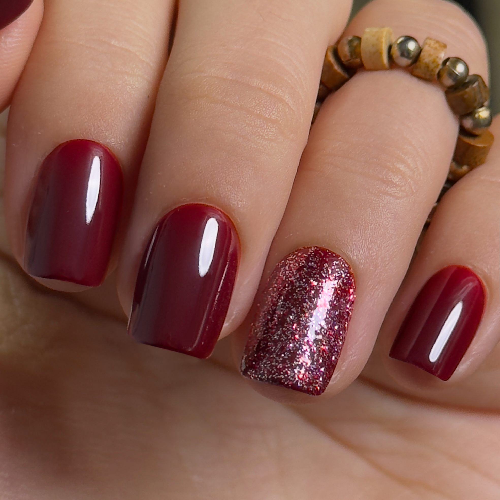 Burgundy Bling short squoval press-on nails
