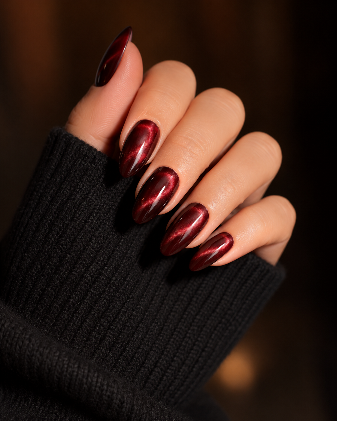 Dark Red Cat Eye Short Almond Press-On Nails