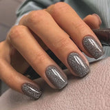 Gray Sparkle short squoval nail detail