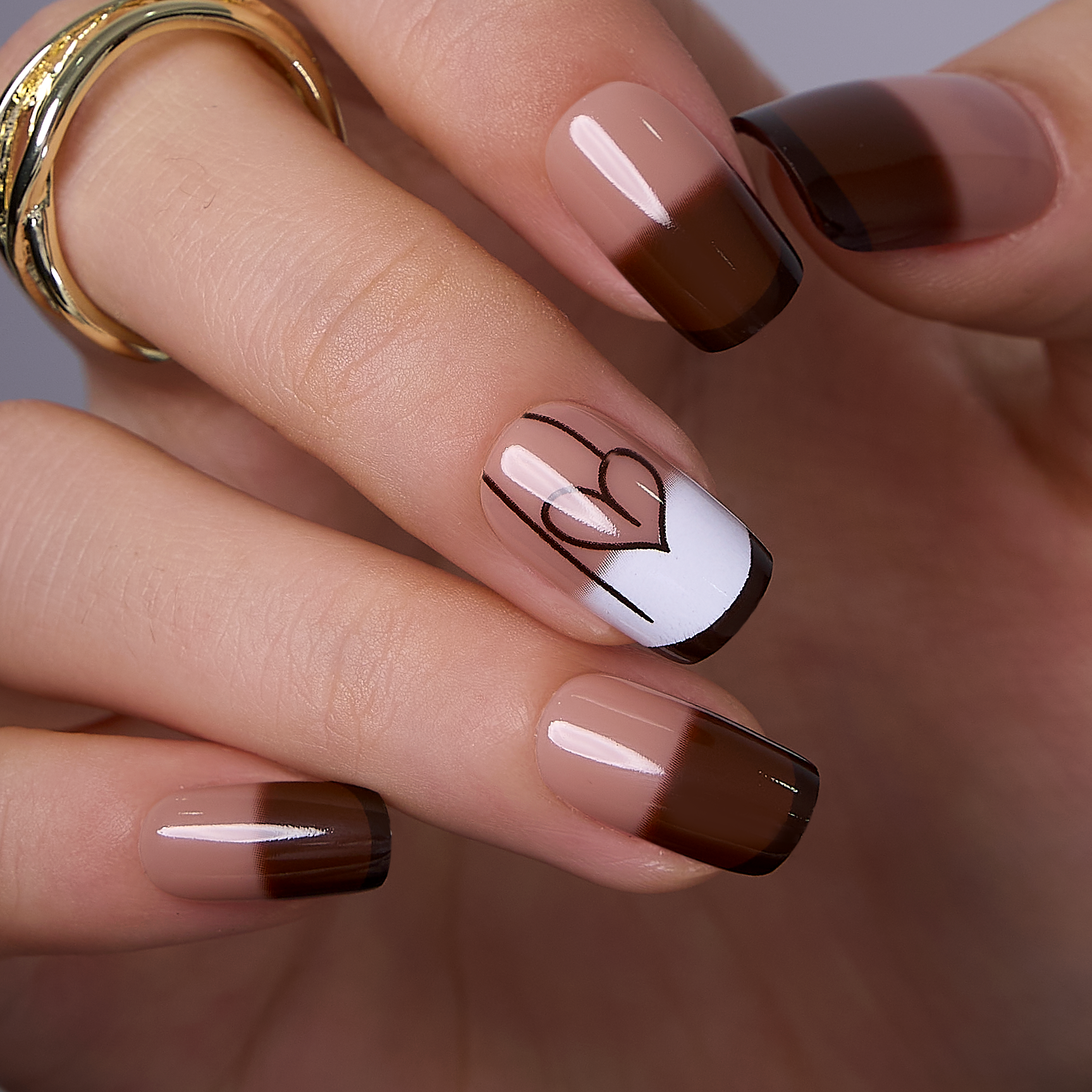 Mocha Heartline medium squoval press-on nails
