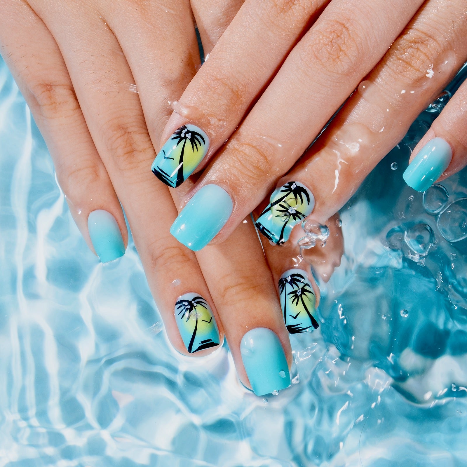Ocean Palm short squoval press-on nails from the side
