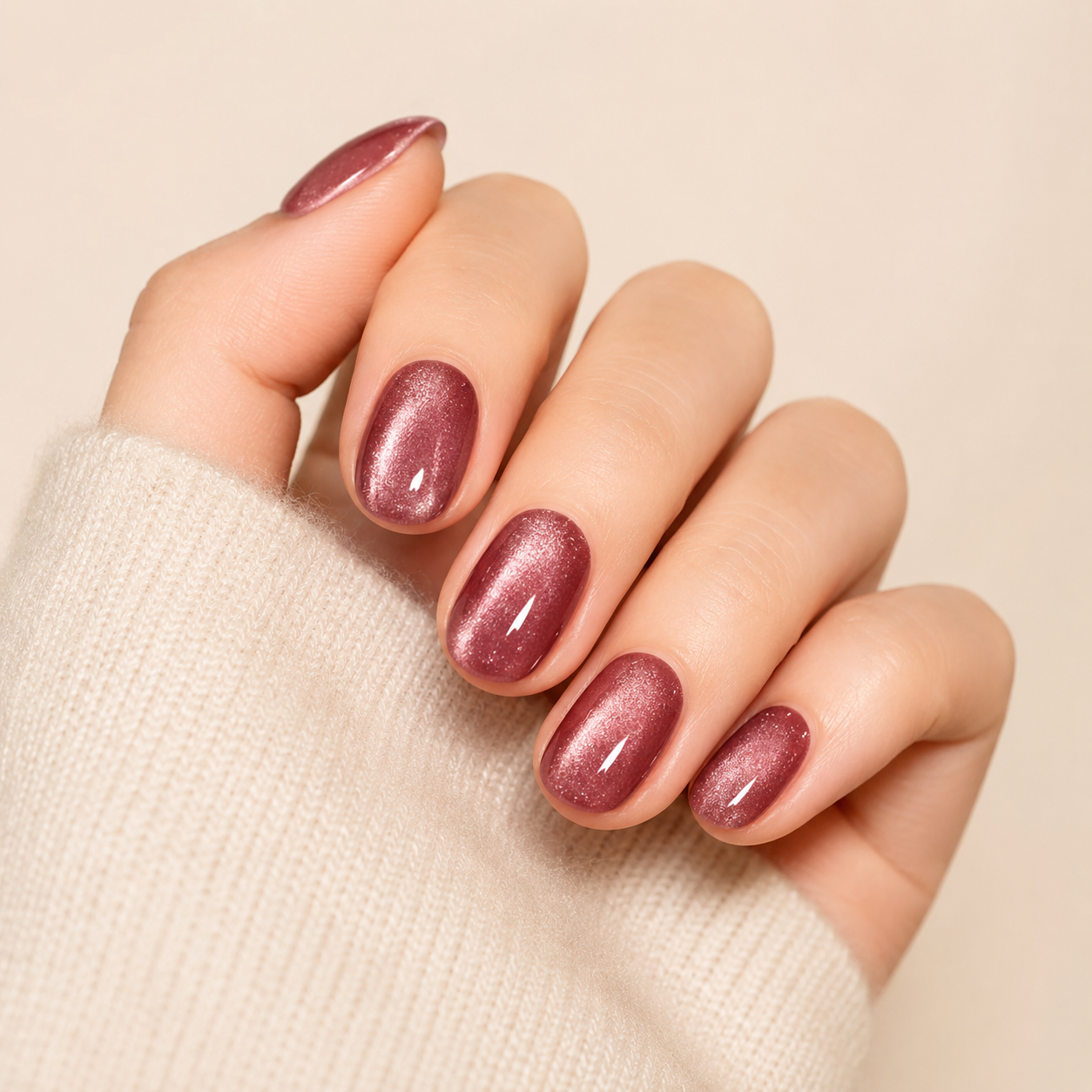Rose Shimmer Cat Eye – Short Oval Press-On Nails