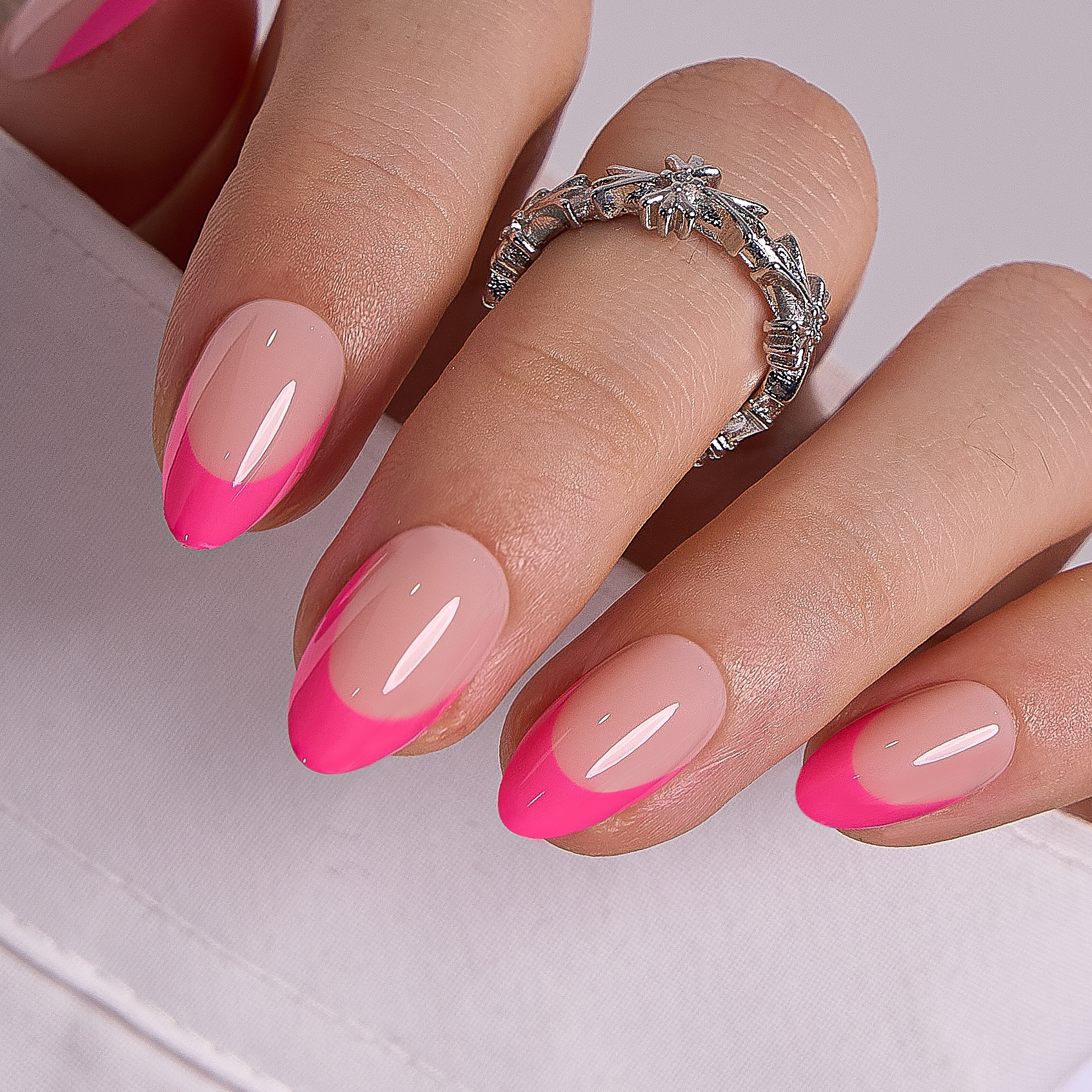 Vibrant Pink short almond press-on nails